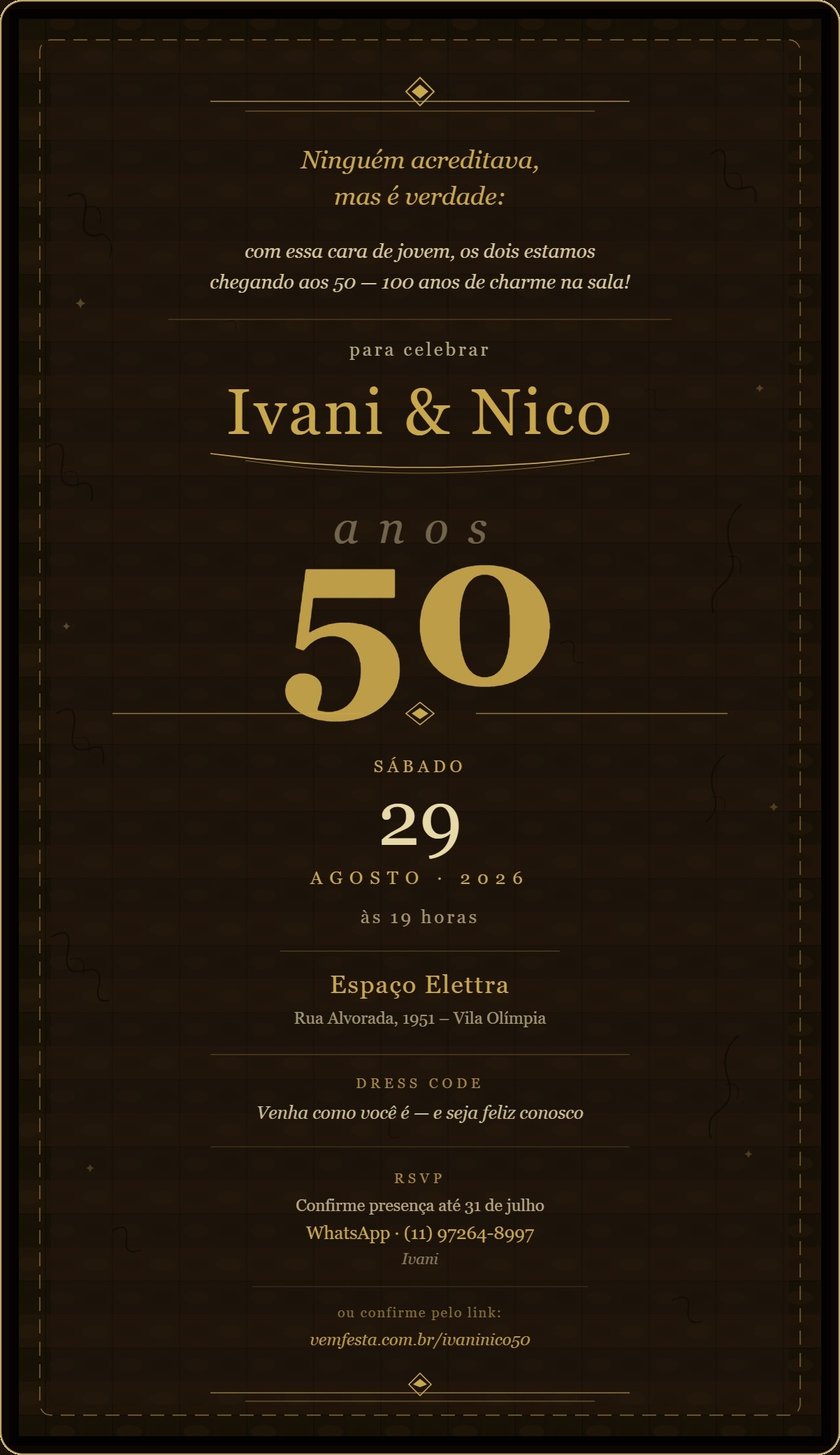 Convite de 50 anos de Ivani e Nico — 29 de agosto de 2026, 19h, Espaço Elettra.